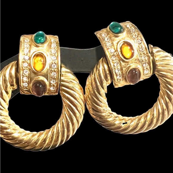 Vintage Gold Cabochon Hoop Earrings - Picture 6 of 6